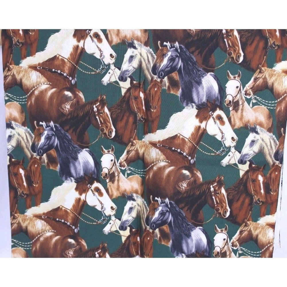 Horse Equestrian Fabric by Robert Kaufman 45 x 38" D7713 Cotton Green Background